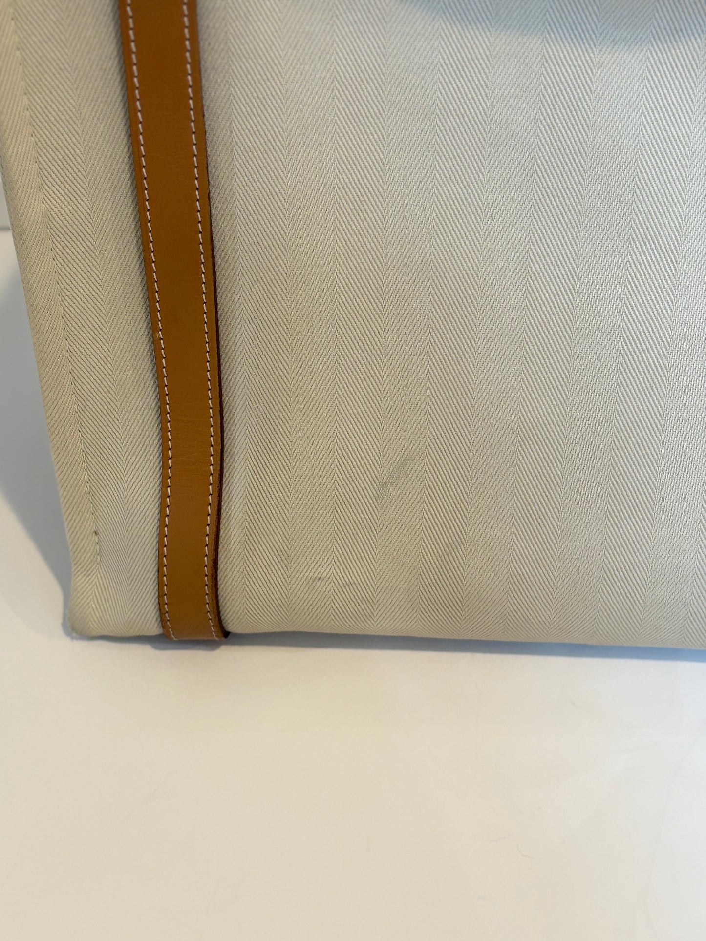 Hermes Natural Hunter Calfskin Toile Chevron Cabalicol Tote Chalk