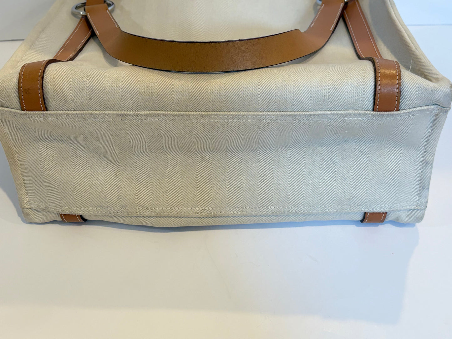 Hermes Natural Hunter Calfskin Toile Chevron Cabalicol Tote Chalk