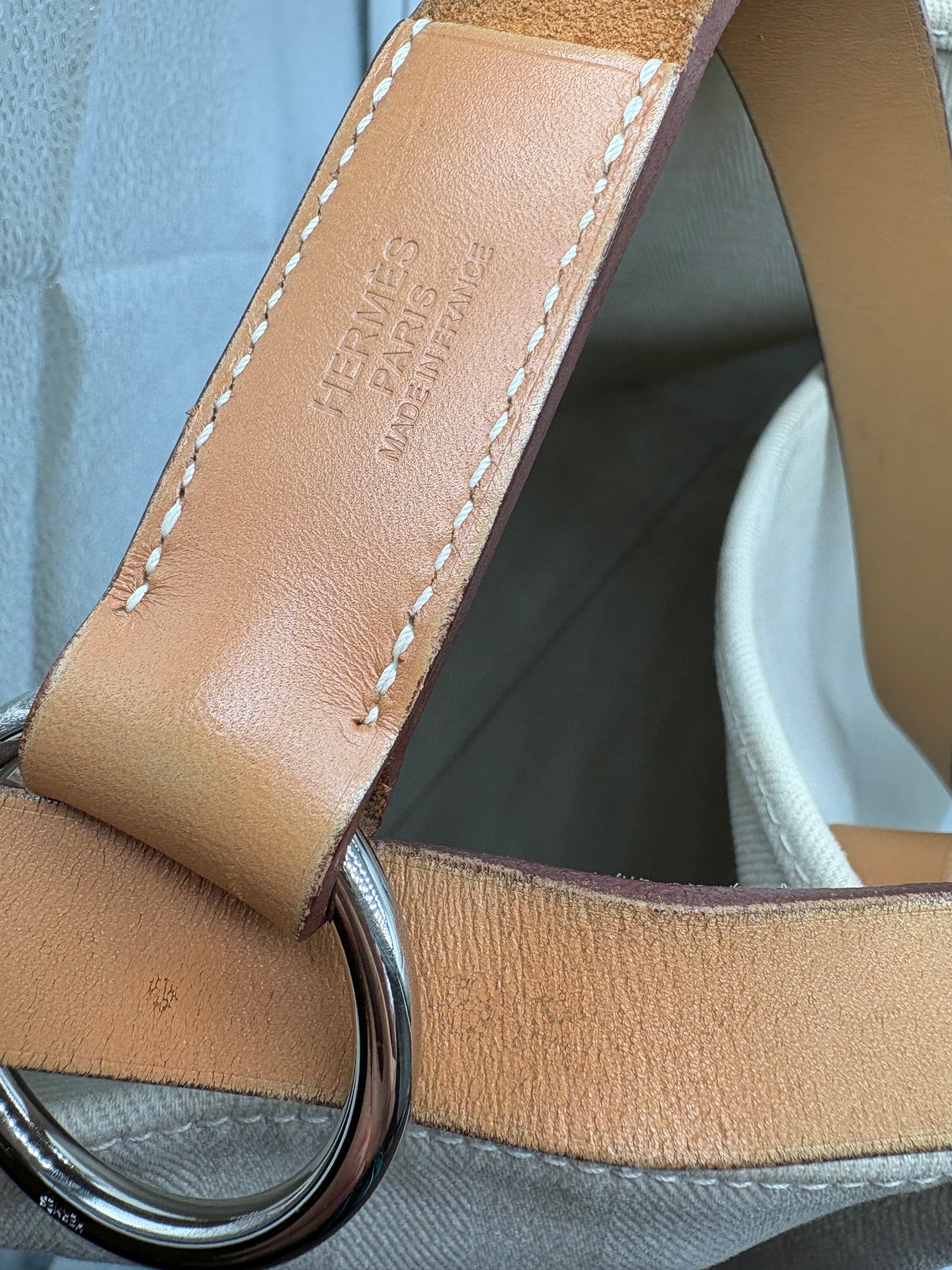 Hermes Natural Hunter Calfskin Toile Chevron Cabalicol Tote Chalk