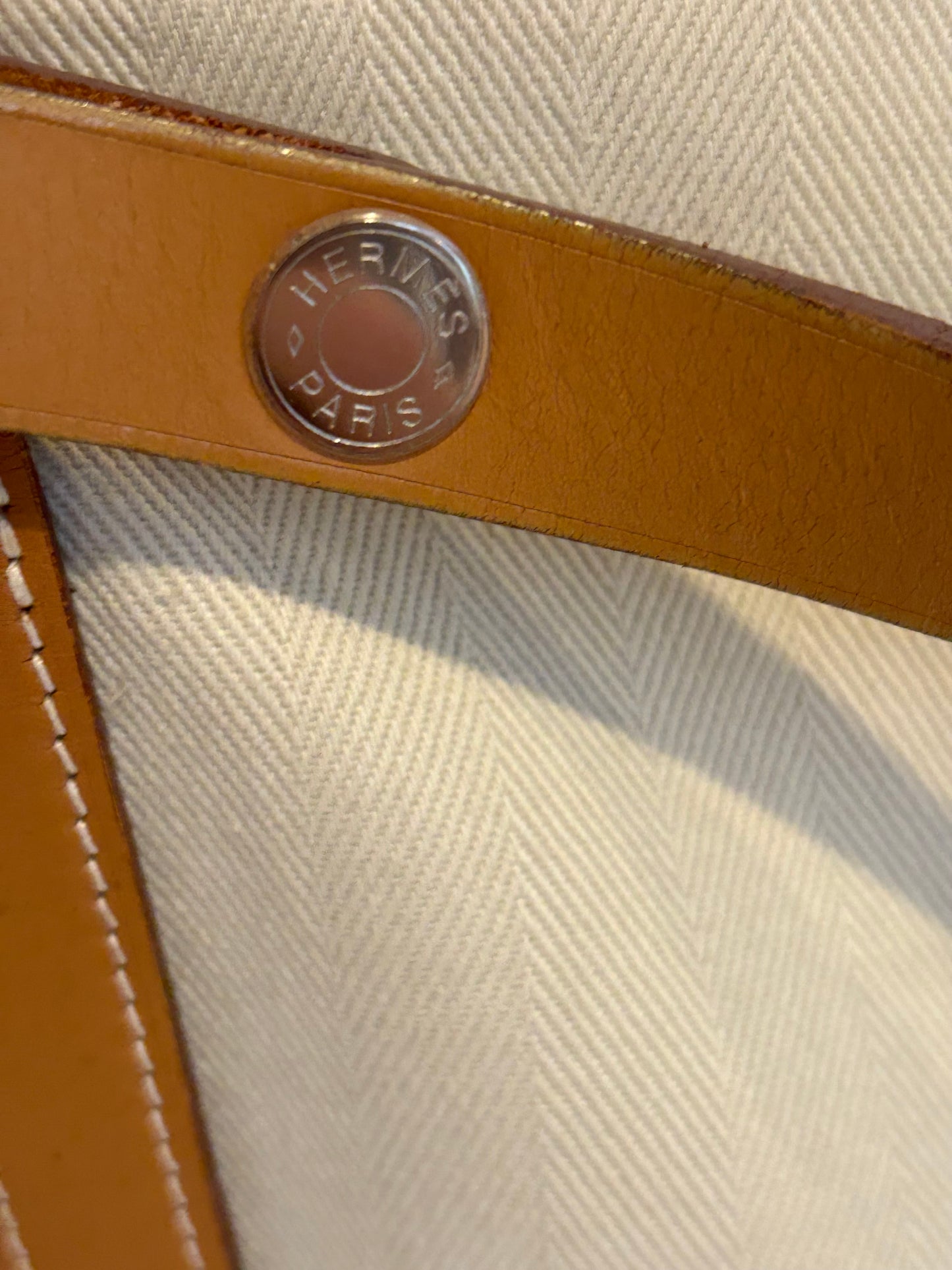 Hermes Natural Hunter Calfskin Toile Chevron Cabalicol Tote Chalk