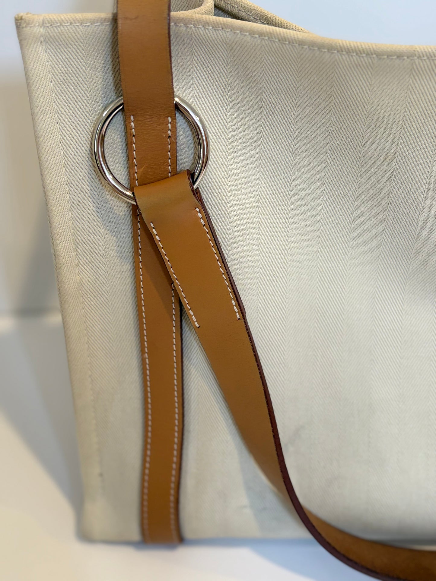 Hermes Natural Hunter Calfskin Toile Chevron Cabalicol Tote Chalk
