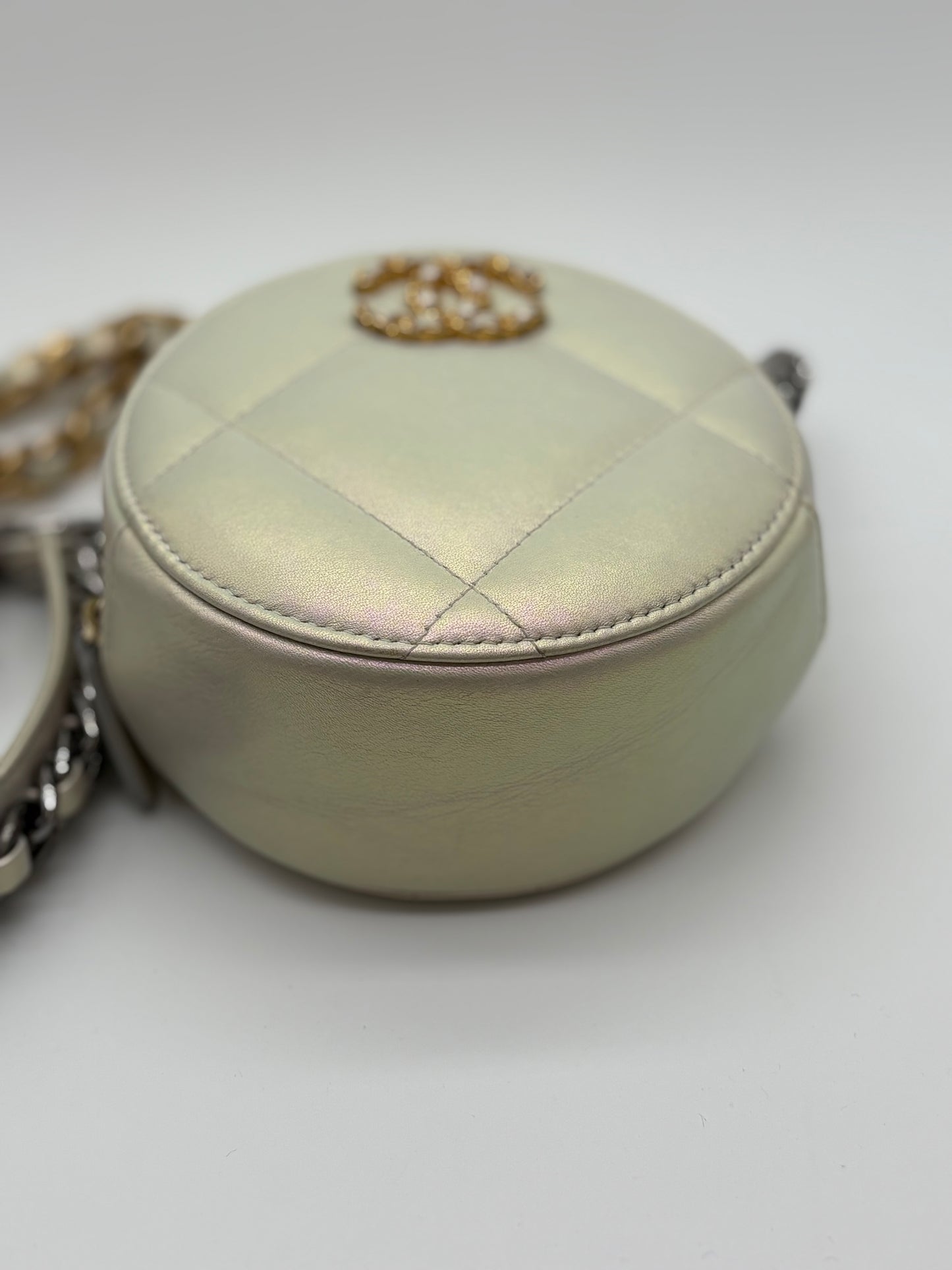 Chanel Lambskin Quilted Chanel 19 Round Clutch With Chain