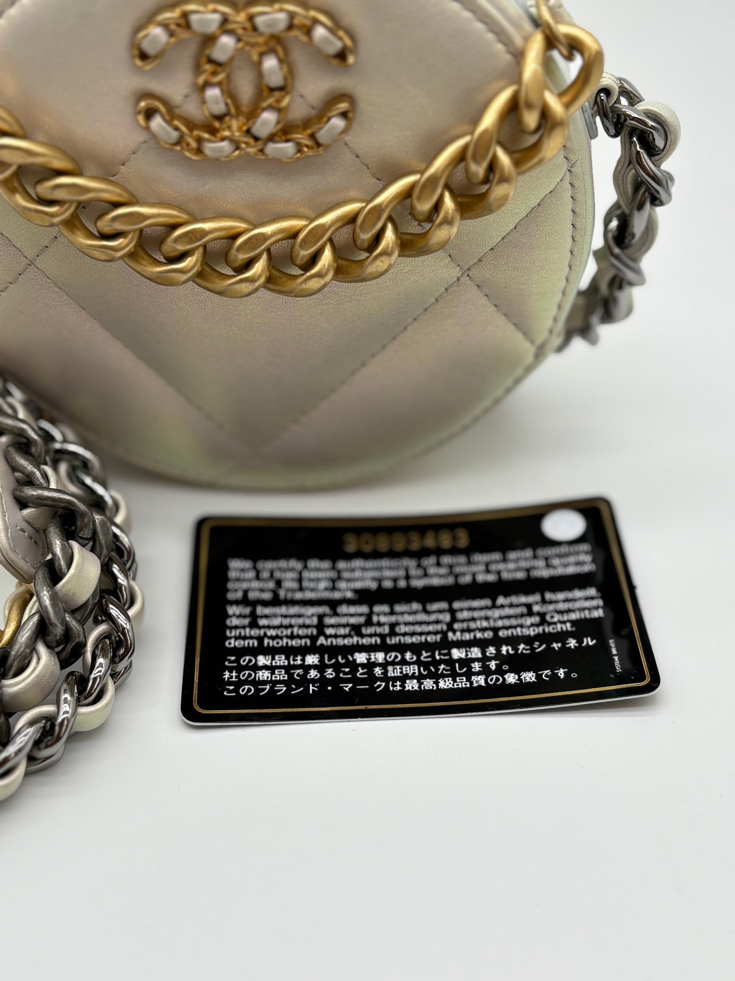 Chanel Lambskin Quilted Chanel 19 Round Clutch With Chain