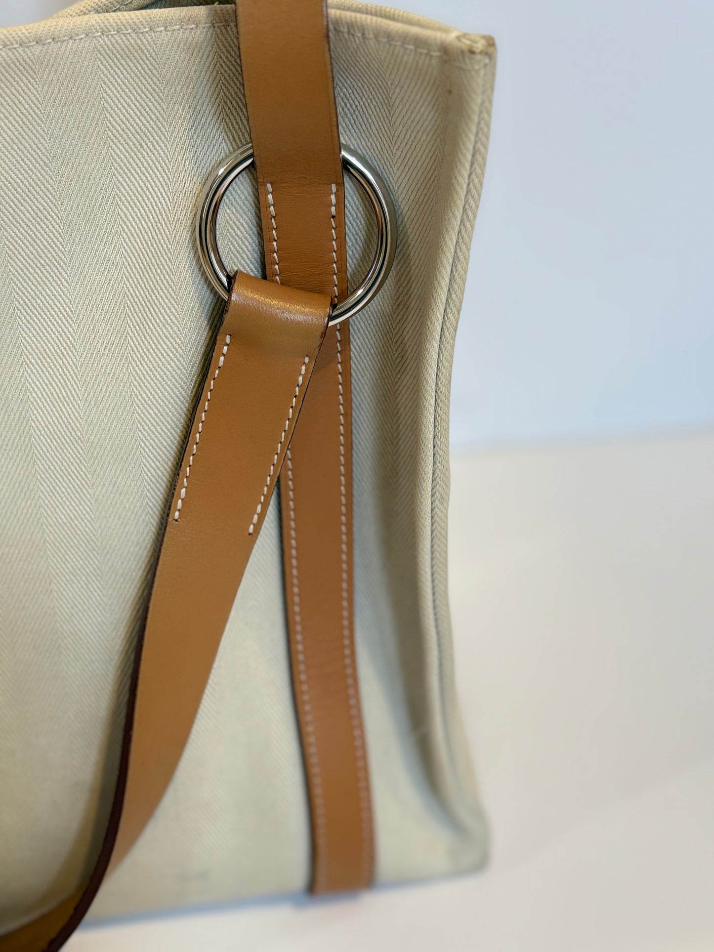 Hermes Natural Hunter Calfskin Toile Chevron Cabalicol Tote Chalk