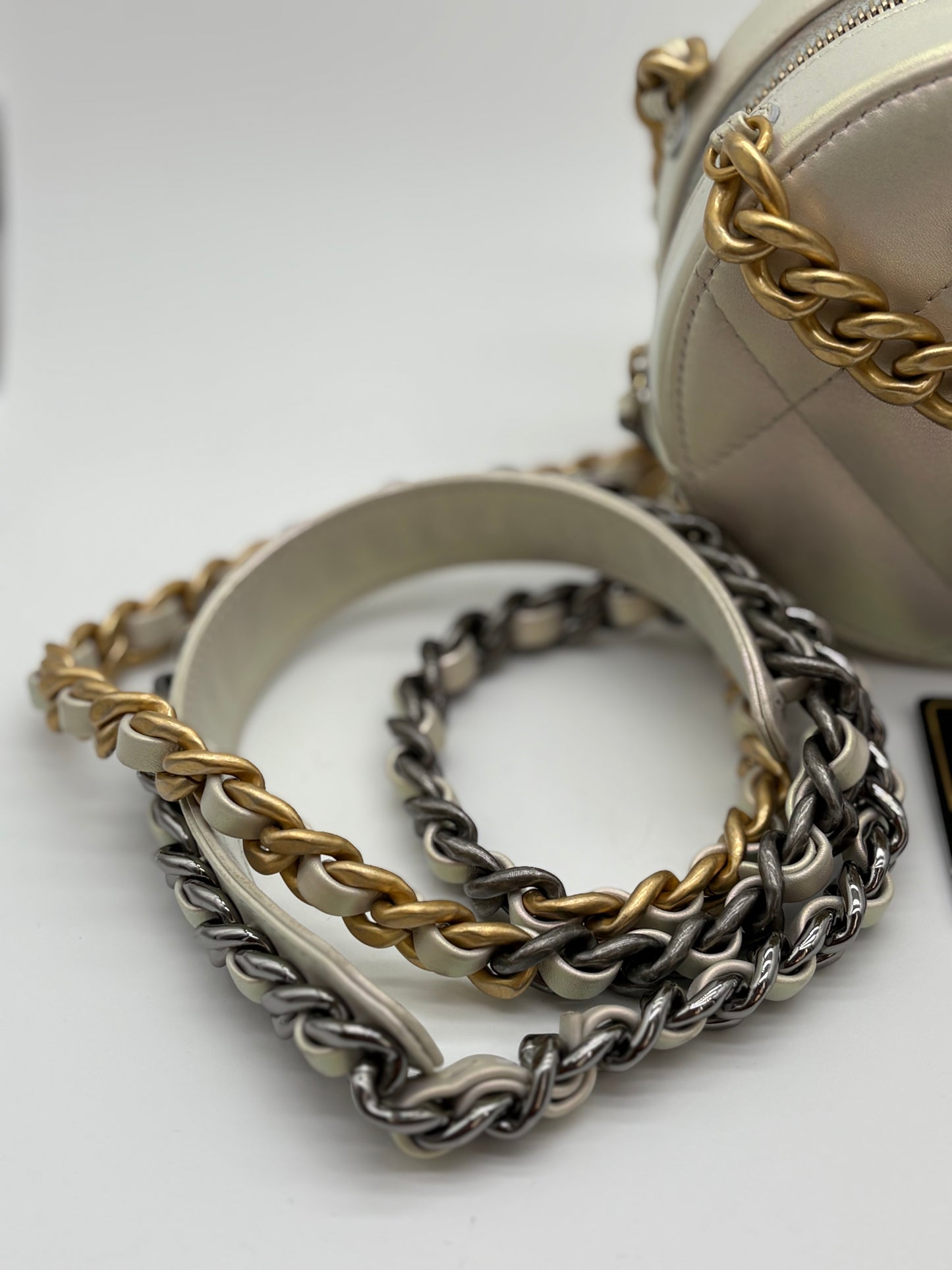 Chanel Lambskin Quilted Chanel 19 Round Clutch With Chain