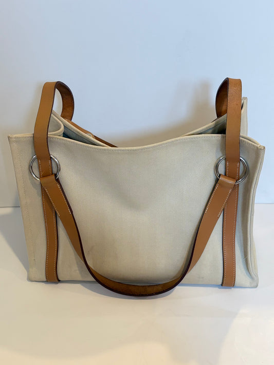Hermes Natural Hunter Calfskin Toile Chevron Cabalicol Tote Chalk