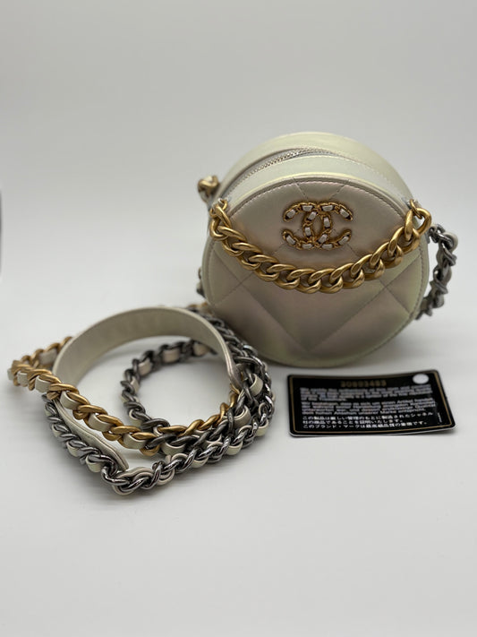 Chanel Lambskin Quilted Chanel 19 Round Clutch With Chain