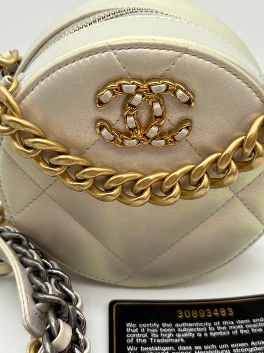 Chanel Lambskin Quilted Chanel 19 Round Clutch With Chain